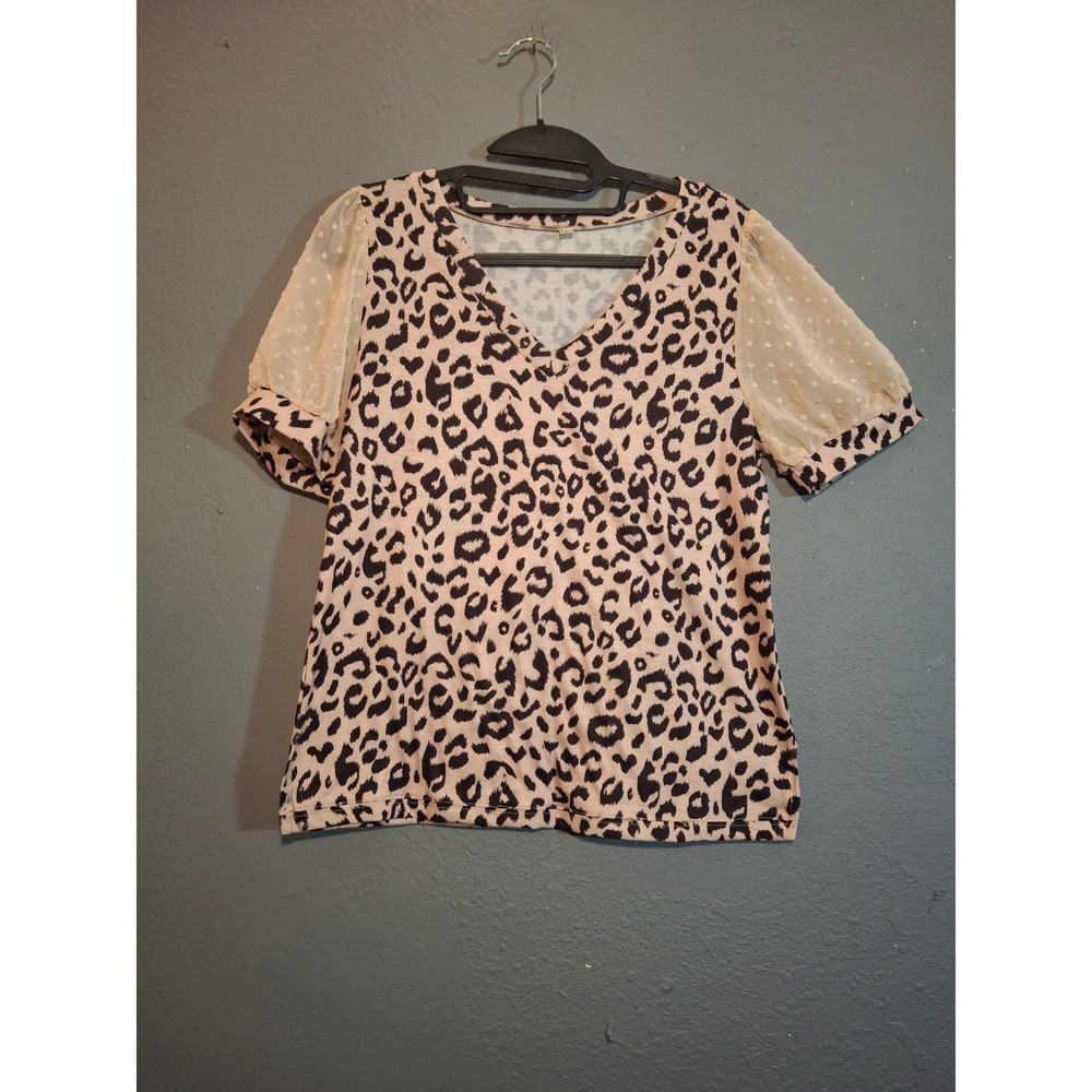 Leopard Print V-Neck Top with Swiss Dot Mesh Puff Sleeves Small Animal Print